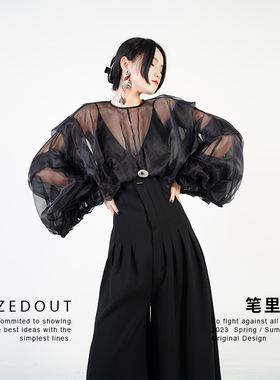 【BLIZEDOUT】独立设计030509黑色薄款个性微透显瘦长袖上衣