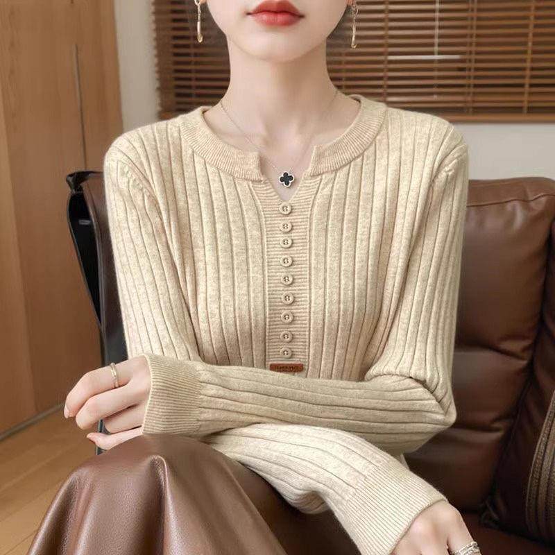 打底衫女秋冬内搭毛衫修身玫红色v领毛衣长袖针织衫减龄洋气上衣