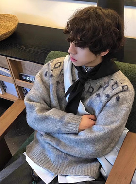 vintage北欧风费尔岛毛衣开衫外套男慵懒风高级感提花针织衫内搭