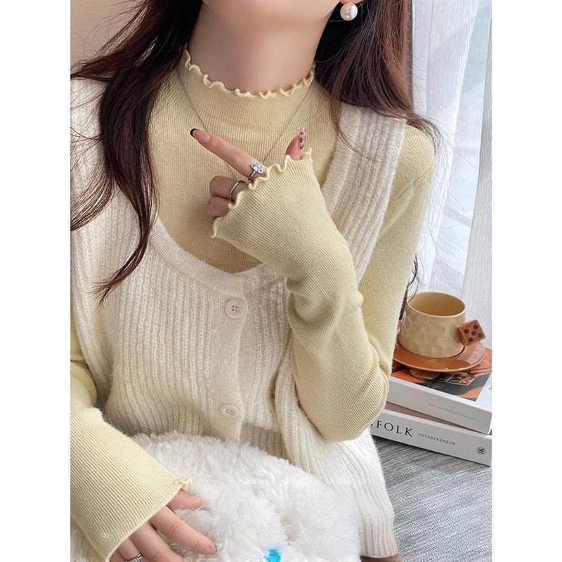 半高领针织打底衫女秋冬2025新款奶黄色毛衣高级感内搭木耳边上衣
