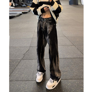 黑色扎染牛仔裤男直筒宽松弯刀微喇美式高街裤子潮牌痞帅炸街显瘦