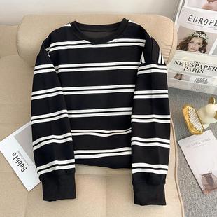 实拍条纹复合330G卫衣潮2025初秋新款薄圆领长袖t恤上衣韩版女装