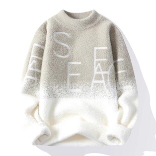 水貂绒毛衣男秋冬季潮流加厚款半高领打底衫初中高中学生针织线衣