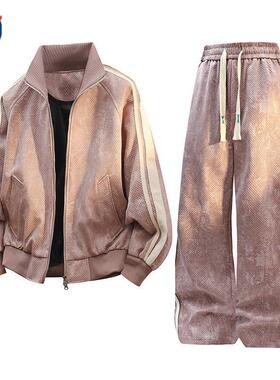 NASA品牌秋冬季美式条纹高级感夹克套装男情侣潮牌大码外套一整套