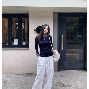 美式辣妹复古格子假两件正肩长袖t恤女修身polo领内搭打底衫上衣