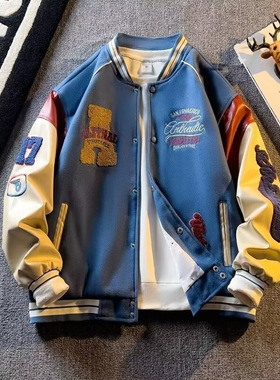 刺绣皮棒球服痞帅男士春秋款潮牌情侣毛巾绣衣服潮流夹克毛呢外套