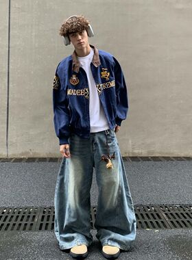 潮牌藏蓝色短款棒球服外套街头cleanfit美式复古夹克男宽松男外套