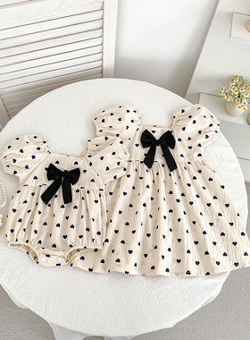 女童裙子夏季新款圆点泡泡袖婴儿衣服爬服连体衣女孩连衣裙姐妹装