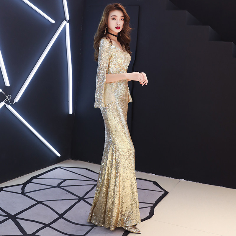 金色高贵长款走秀大合唱晚礼服裙