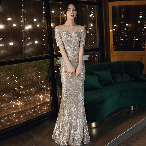 高端大气新款宴会名媛银色晚礼服