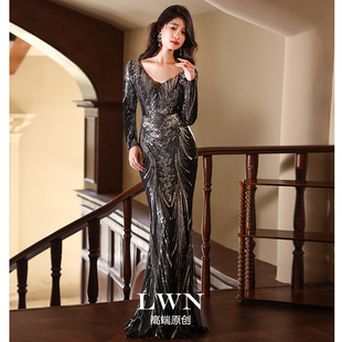 年会晚礼服女宴会主持人秋季长袖高贵优雅V领亮片修身鱼尾连衣裙