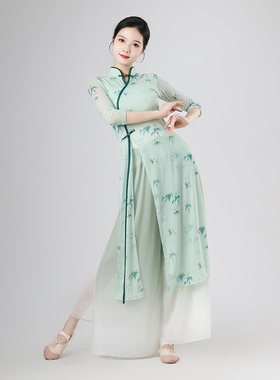 古典舞蹈旗袍舞蹈服身韵纱衣中国舞练功服演出服绿色弹力飘逸长款
