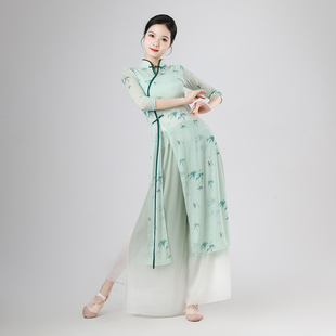 古典舞蹈旗袍舞蹈服身韵纱衣中国舞练功服演出服绿色弹力飘逸长款