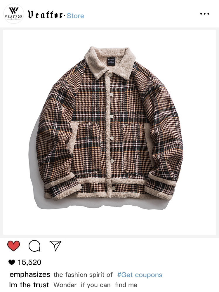 VEAFFOR 미국 트렌디 브랜드 겨울 격자 무늬 두꺼운 양고기 울 코튼 코트 자켓 남성과 여성 커플 루즈 캐주얼 코튼 의류