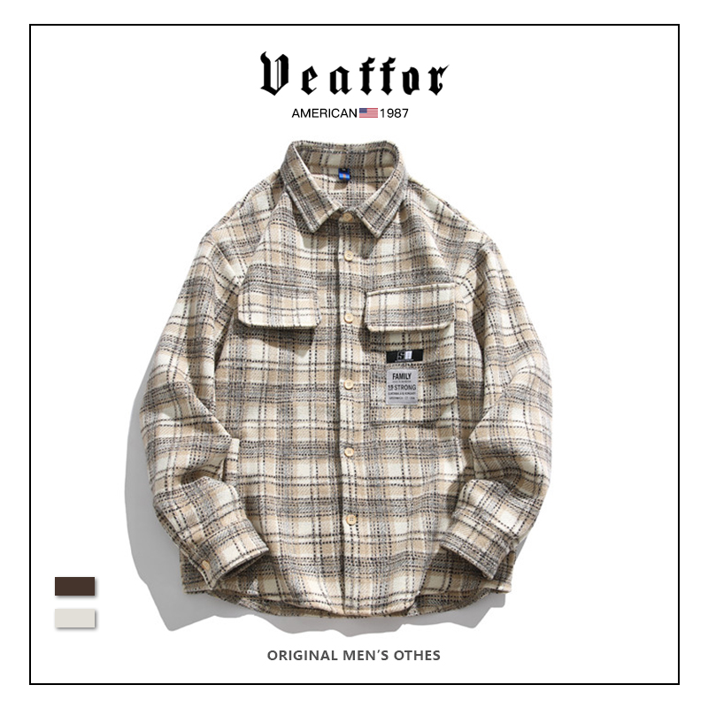 Veaffor美式潮牌复古小香风格子绣标衬衫男宽松bf风百搭休闲衬衣