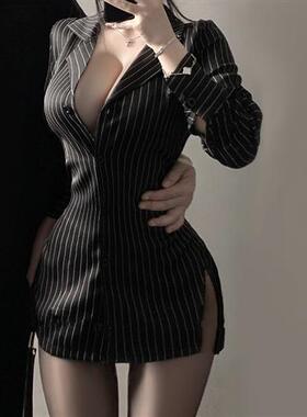 法式条纹衬衫长袖女黑色秘书制服ol御姐纯欲秋季女装2024新款上衣