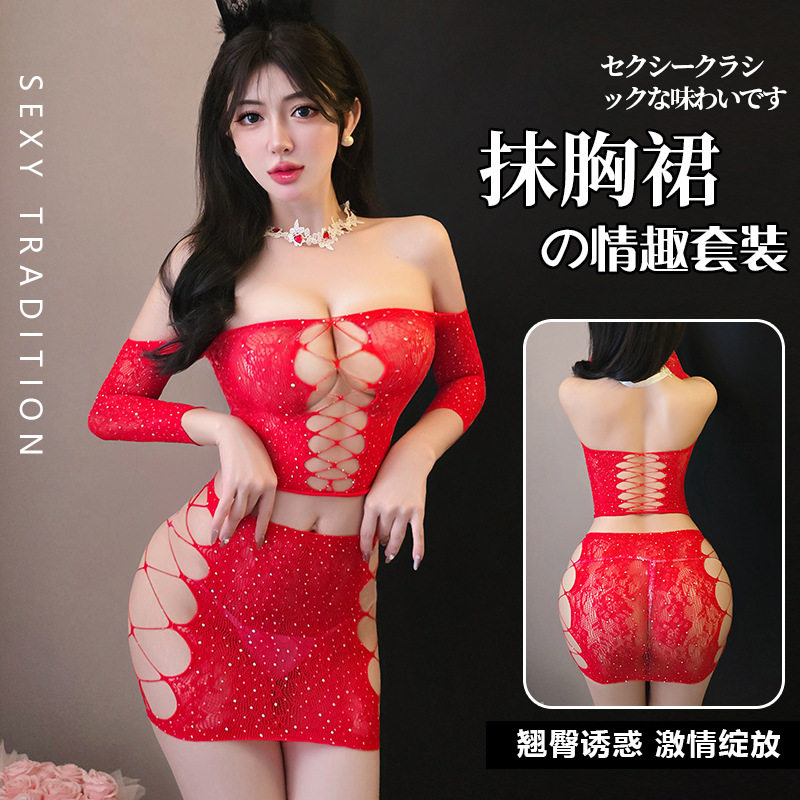 烫钻透视分体睡裙大网镂空一字领七分袖紧身衣美胸两件套低领装女