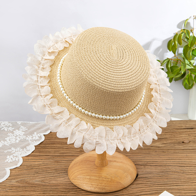 草帽女夏季2026新款优雅法式花边宽檐平顶礼帽海边度假防晒遮阳帽