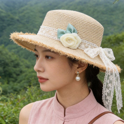 法式草编礼帽女夏季2026新款平顶毛边遮阳帽海边度假沙滩防晒帽子