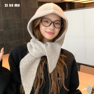 连帽围巾一体帽女冬季加厚保暖护耳毛线包头帽高级氛围感防寒围脖