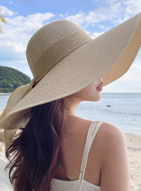 草帽女夏季防晒超大帽檐遮阳帽沙滩海边度假太阳帽子可折叠帽子潮