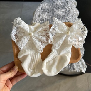 婴儿白色蕾丝蝴蝶结中筒袜夏季网眼宝宝百天周岁拍照公主袜新生袜