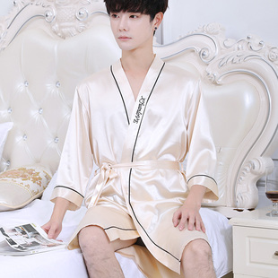 睡袍男士 韩版 家居服大码 短袖 冰丝中长袖 夏季 睡衣系带浴袍夏天薄款