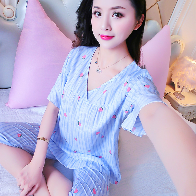 棉绸女士韩版宽松两件套家居服