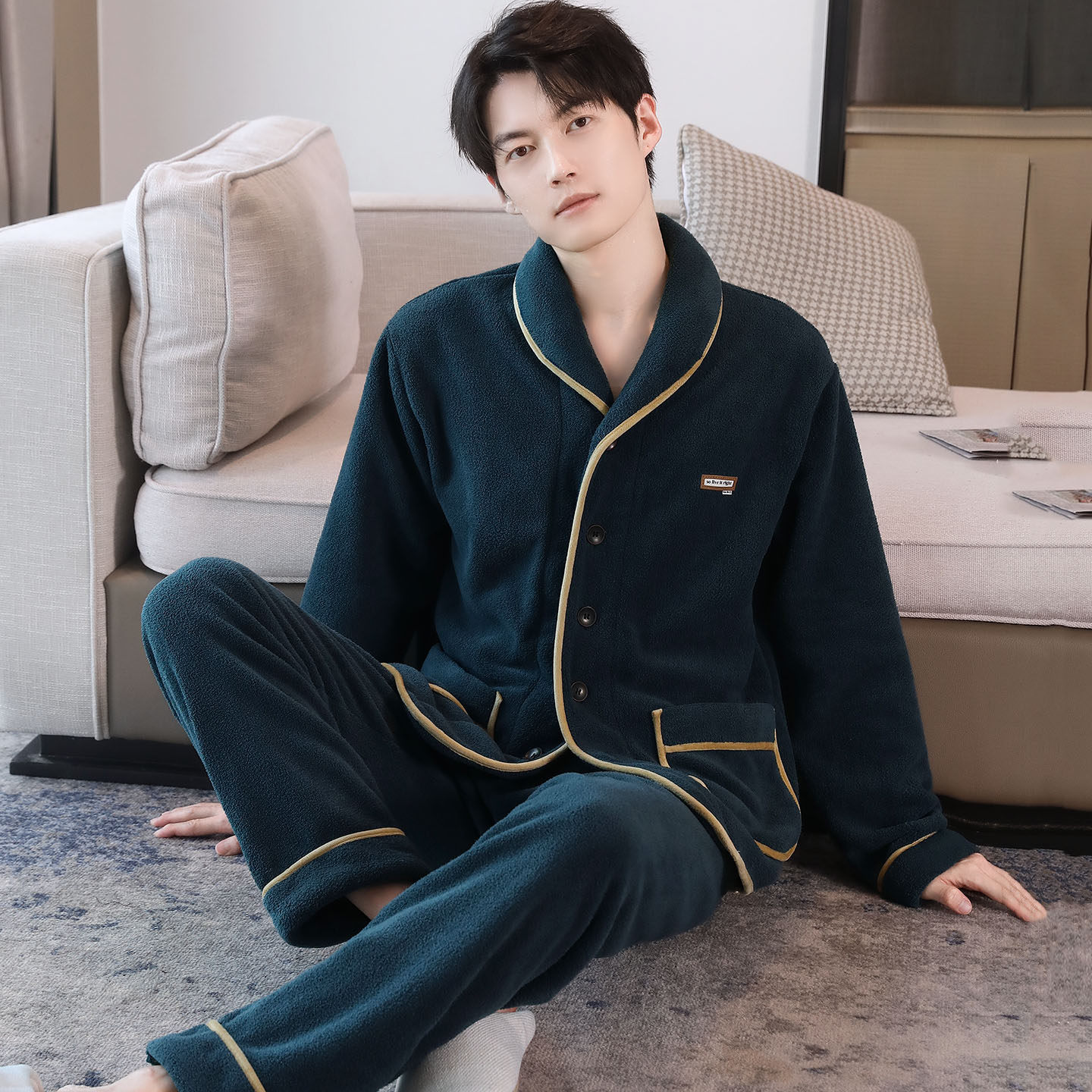 加厚加绒睡衣男士秋冬开衫颗粒绒