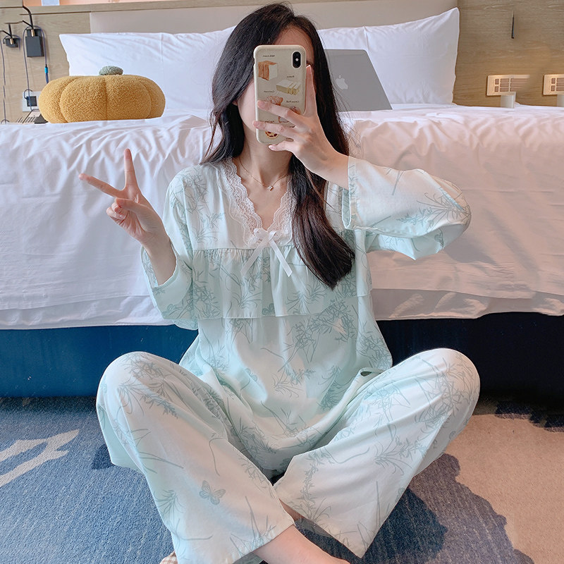 睡衣女春秋大码甜美田园风防凸点绵绸家居服夏天棉绸套装长袖薄款