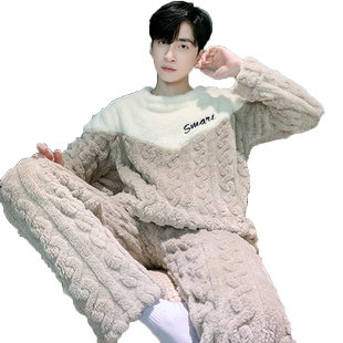 秋冬季加厚珊瑚绒睡衣男加绒套装可外穿法兰绒新款家居服大码可爱