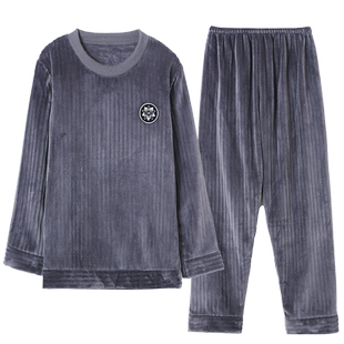 睡衣男法兰绒套头秋冬季简约休闲加大码加厚加绒珊瑚绒男士家居服