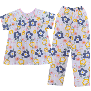 睡衣女绵绸春秋可爱卡通家居服大码短袖长裤夏天女人造棉绸薄款