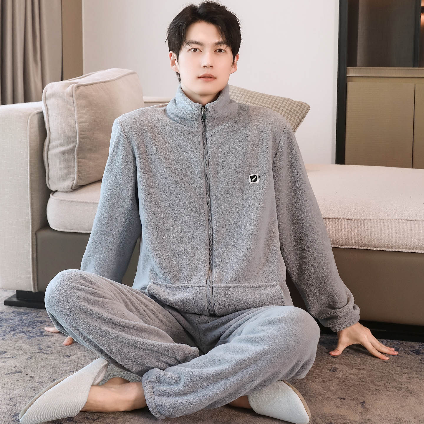 可外穿保暖拉链大码家居服套装秋冬季颗粒绒加厚加绒睡衣男珊瑚绒