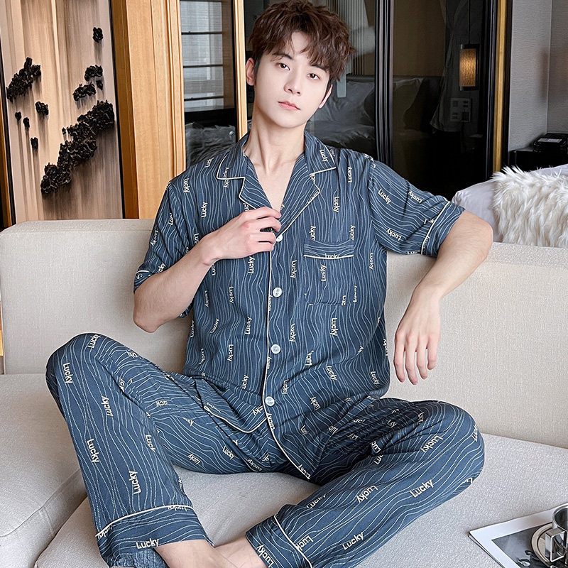 夏天睡衣短袖男人造棉绸套装可外穿春秋款男士绵绸家居服2024新款