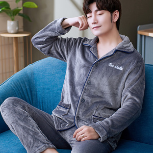 秋冬款珊瑚绒睡衣男加厚加绒法兰绒套装春秋可爱可外穿家居服大码