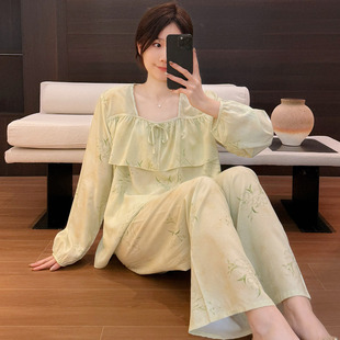 可外穿长袖薄款防凸点睡衣女人棉绸春秋季夏天田园少女风宽松套装