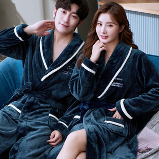 情侣睡袍女秋冬季加厚珊瑚绒睡衣加绒法兰绒浴袍长款家居服男大码