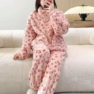 秋冬季拉链大码珊瑚绒套装法兰绒家居服长毛绒睡衣女加厚加绒保暖