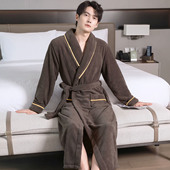 浴袍男士 中长款 加绒法兰绒睡袍男秋冬季 珊瑚绒加厚保暖颗粒绒睡衣