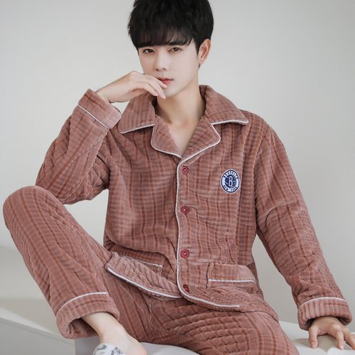 春秋冬季加厚珊瑚绒睡衣男士