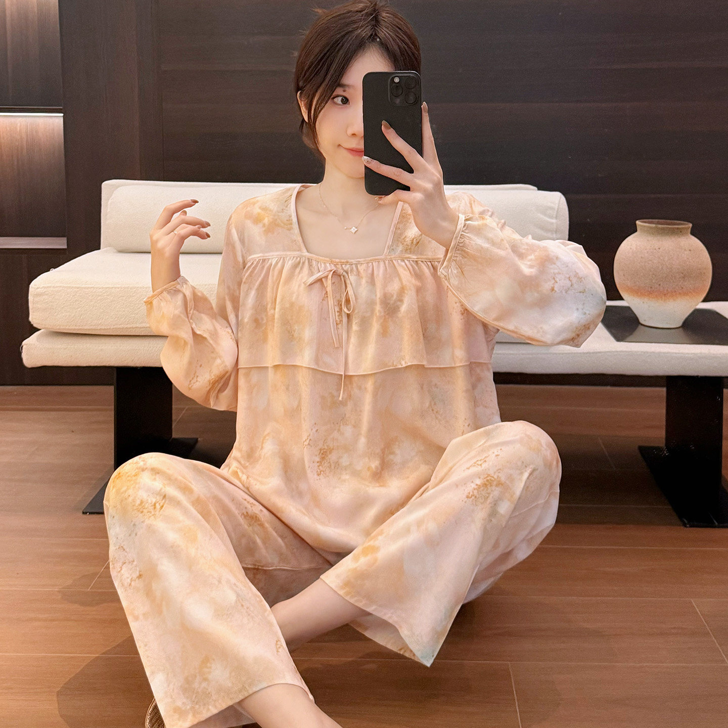 春秋季夏天长袖防凸点睡衣女人棉绸可外穿薄款田园少女风宽松套装