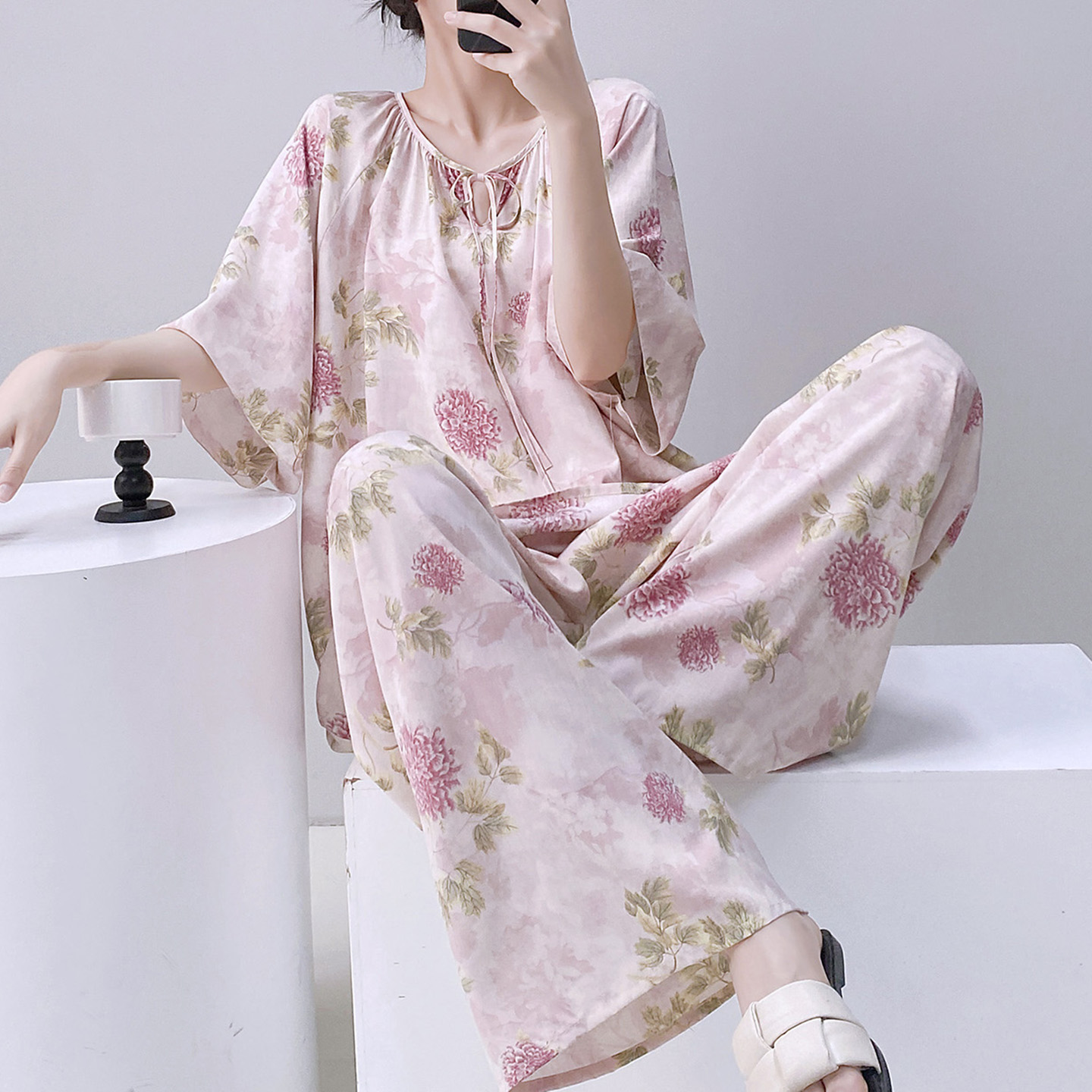 新中式国风睡衣女绵绸春夏秋宽松
