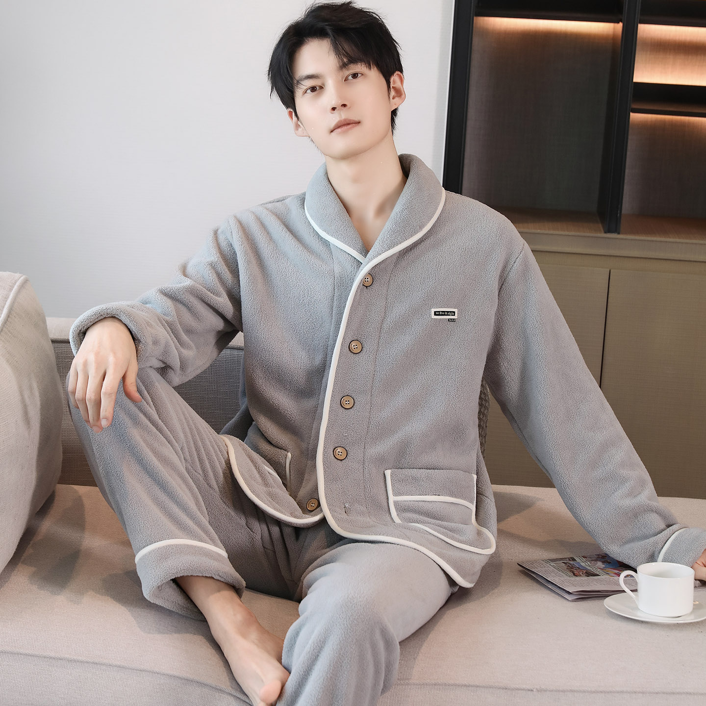 加厚加绒睡衣男士秋冬开衫颗粒绒