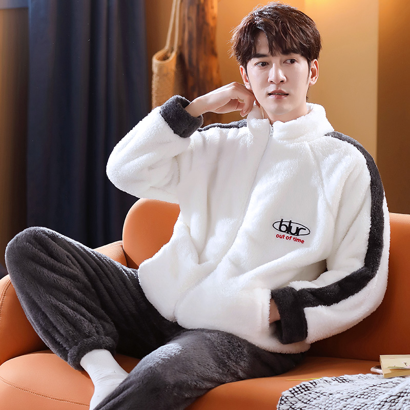 可外穿加厚珊瑚绒睡衣男
