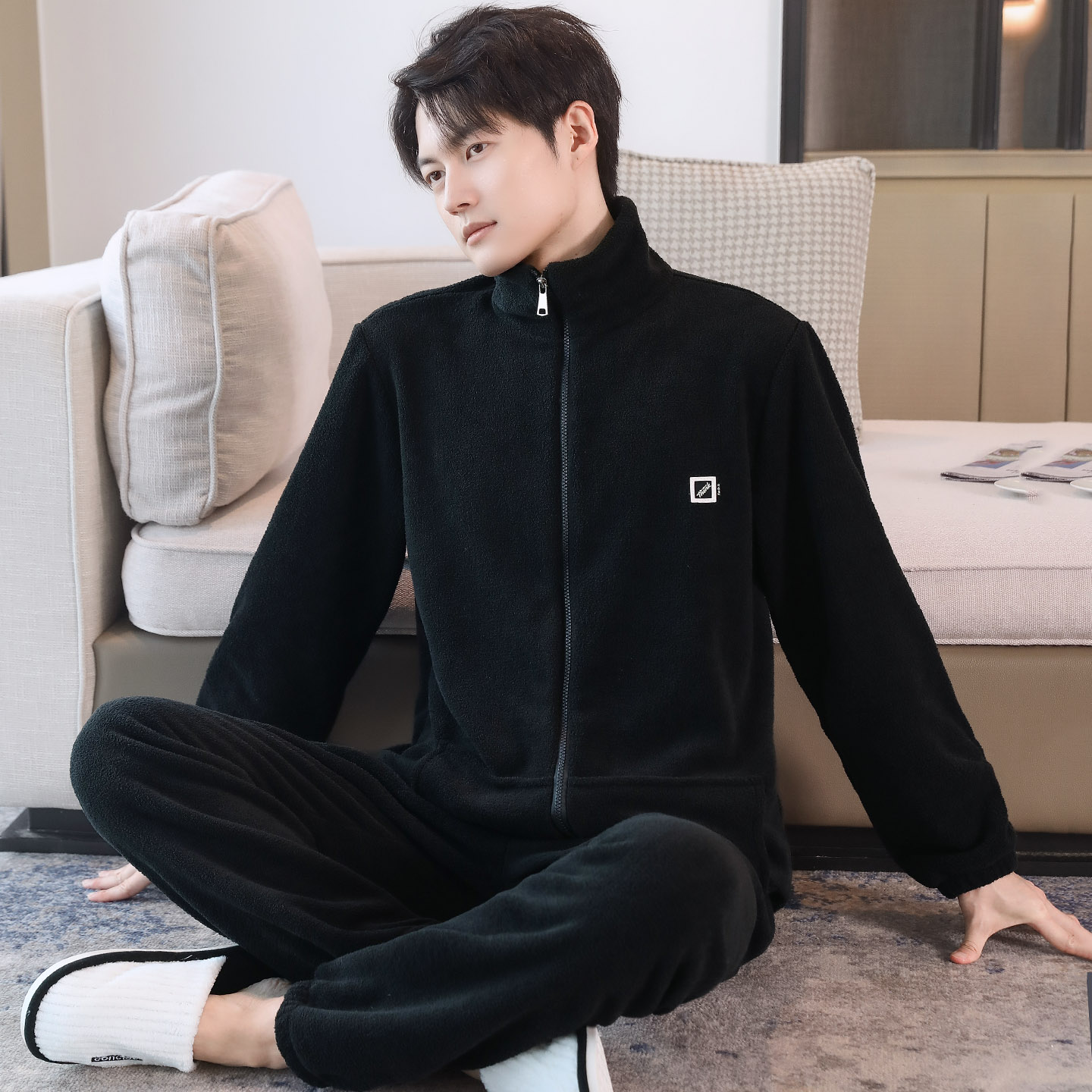 加厚加绒睡衣男士秋冬拉链颗粒绒