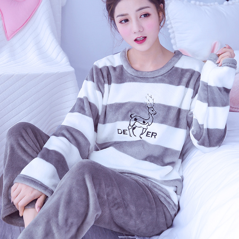 珊瑚绒睡衣女士秋冬季加厚保暖韩版法兰绒套装清新冬天家居服学生