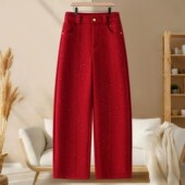 子 新年红高腰宽松显瘦阔腿裤 满天星烫钻弯刀糯米裤 女秋冬2026新款