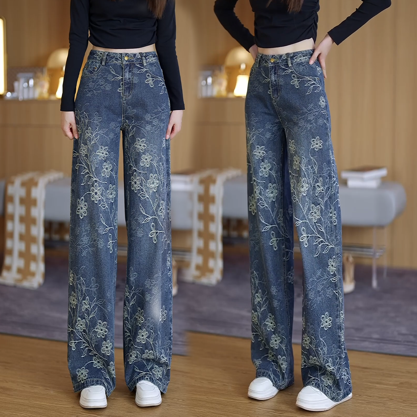超好看的提花阔腿牛仔裤女