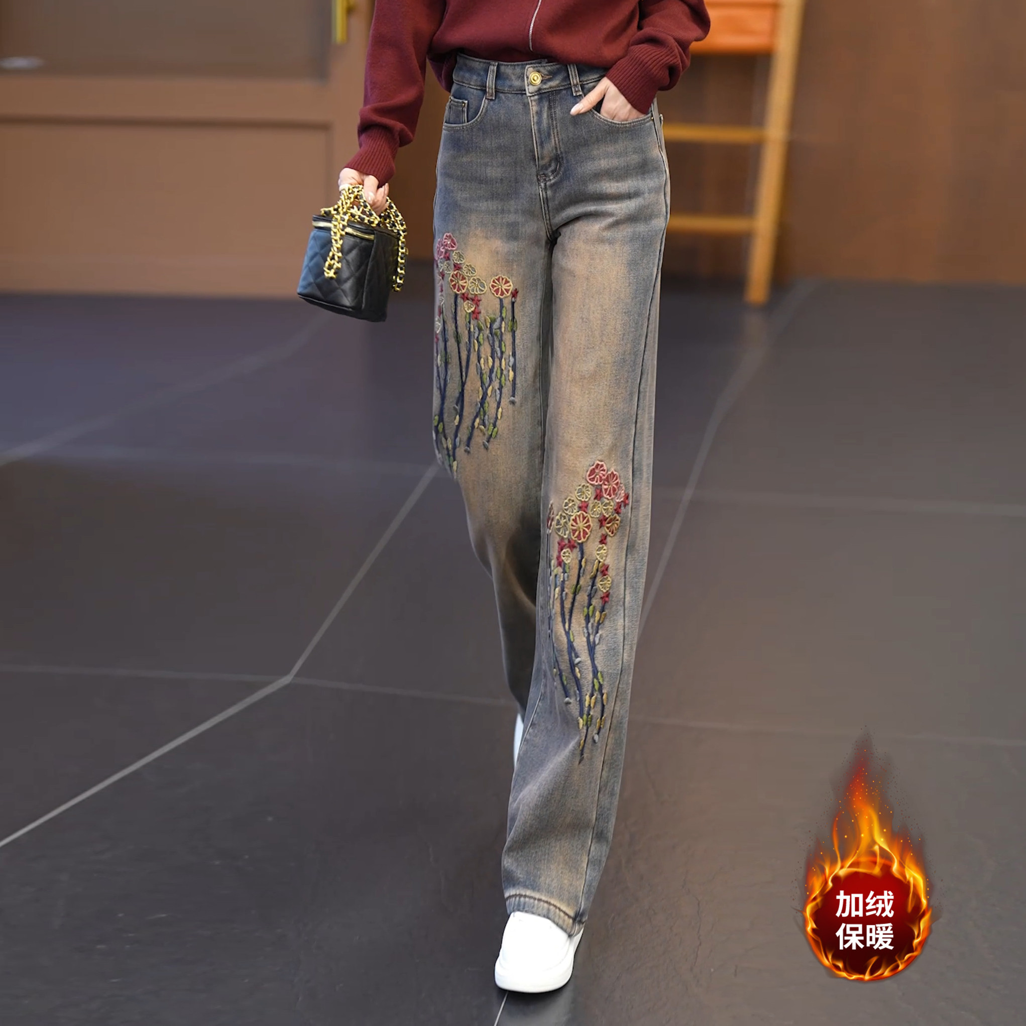国风刺绣直筒牛仔裤女秋冬季新款加绒加厚阔腿裤高腰宽松拖地裤子,女装/女士精品,牛仔裤,淘宝优惠券,粉丝福利购,淘宝优惠卷